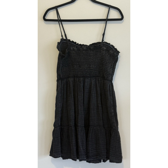 ANTHROPOLOGIE MARISOL GAUZE SQUARE NECK SMOCKED STRAPLESS MINI DRESS BLACK MED - Picture 5 of 8